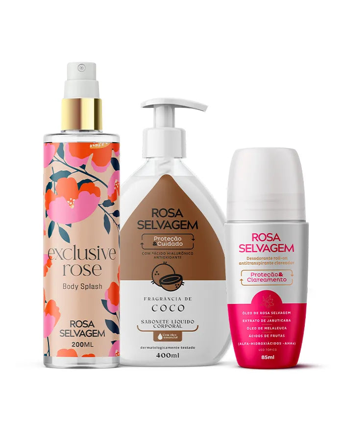 KIT SABONETE LÍQUIDO COCO + EXCLUSIVE ROSE + DESODORANTE CLAREADOR